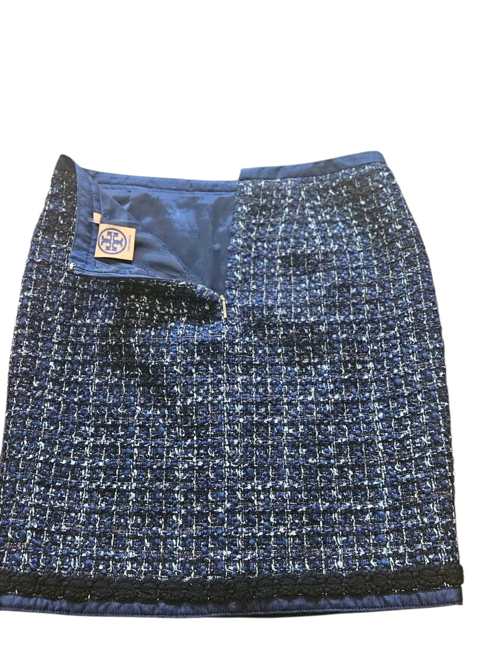 Tory Burch Navy Blue Tweed Mini Skirt Size 2 Textured Silk Trim Pocket Detail